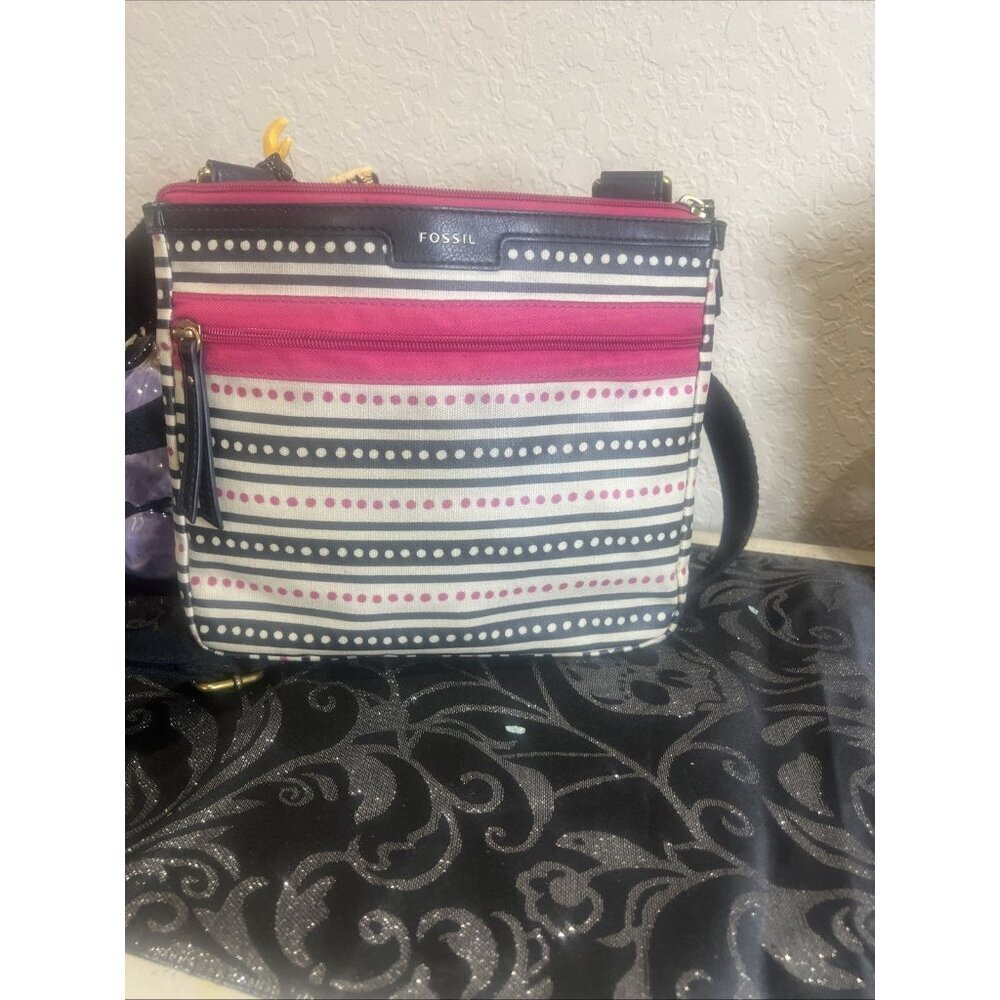 Fossil Crossbody Purse Pink Ivory Black Striped Coated Canvas Slim Leather Trim